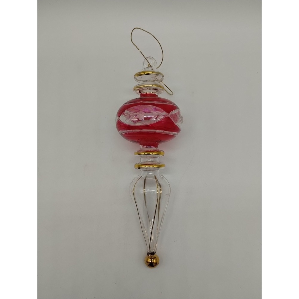 Vintage Egyptian Red Gold Etched Glass Christmas Ornament Finial 7" Tall